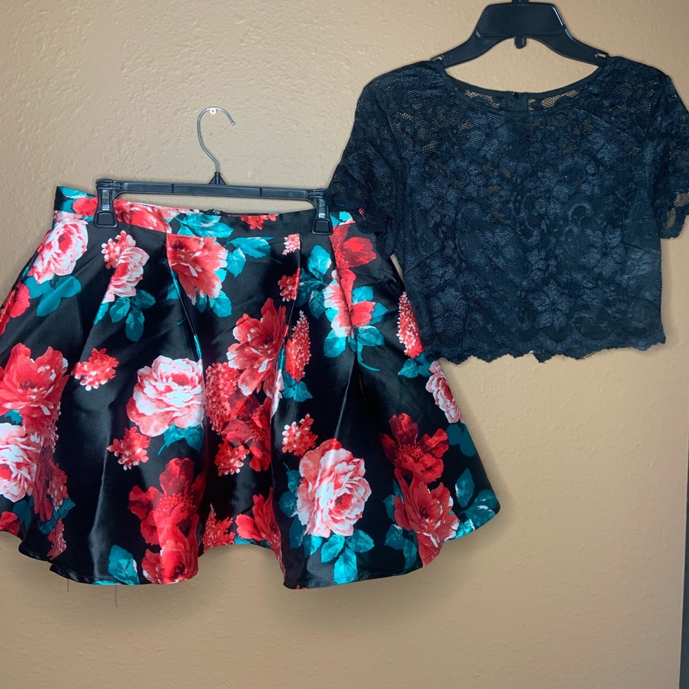 Lace crop top and flowered A-line skirt